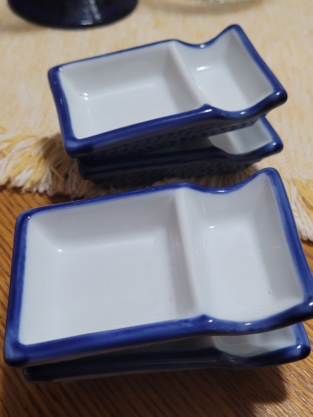 Set Of 4 Pier 1 White Porcelain Souse Dishes with Blue Rim